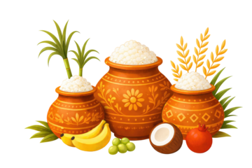 Pongal or sankranti harvest festival illustration with traditional clay pots filled with rice, sugarcane, and fresh fruits isolated on a plain backdrop