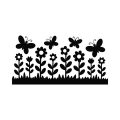 A simple black silhouette of flowers grass and fluttering butterflies