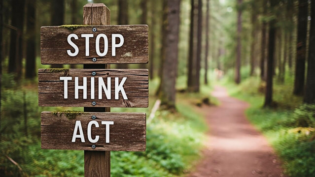 A wooden signpost reading Stop Think Act in the forest for the concept of decision-making and action.