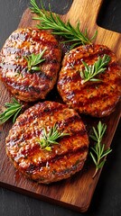 Grilled Meat Patties with Rosemary on Wooden Board