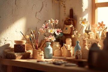 Artistic workspace with flowers, brushes, and various decorative objects