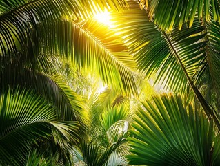 Tropical Palm Fronds, Sunlight Backlit, Lush Green Foliage