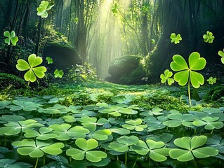 Magical Forest Path with Four-Leaf Clovers