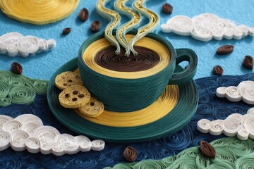 Artistic Papercraft Illustration Of Coffee Cup With Cookies And Clouds