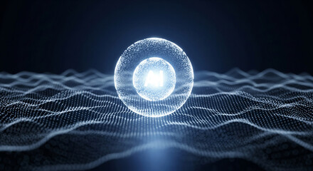 Glowing digital orb with AI logo on futuristic wave pattern background