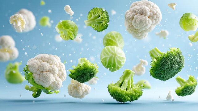 Fresh green and white vegetables floating against blue background