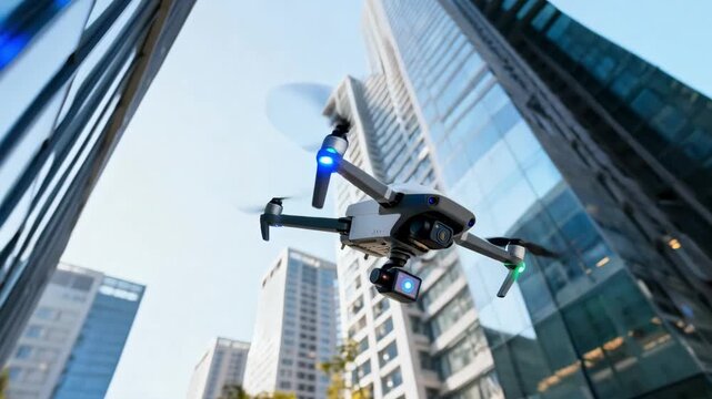 Automated drone navigating urban architecture using advanced sensors to assess window integrity and ensure safety compliance efficiently.