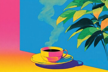 Abstract art of a hot beverage with steam and foliage.