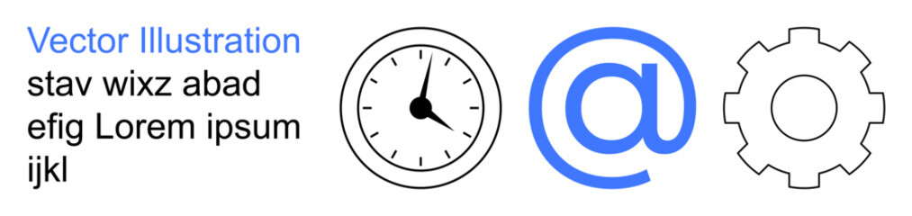 Obraz premium Productivity, email correspondence, time tracking, system integration, workflow optimization, technology. Clock, at symbol and gear icons in a minimalist design. Productivity and email