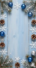 Festive Blue Christmas Background with Pinecones and Ornaments
