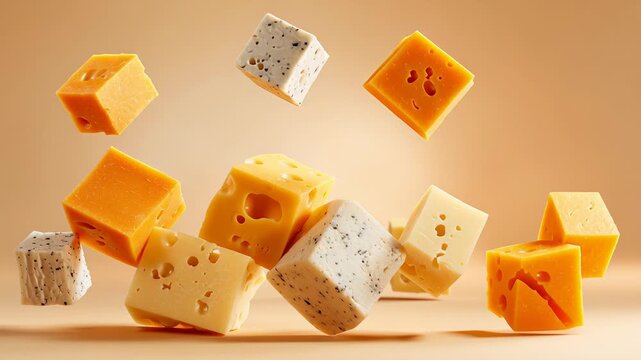 Floating assorted cheese cubes on beige background in creative food photography