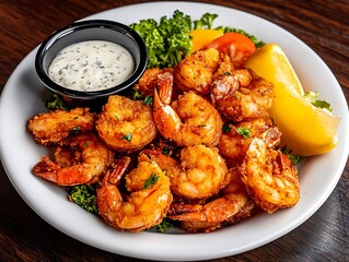 Crispy Fried Shrimp with Creamy Sauce and Lemon