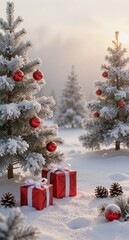 Magical Christmas Scene Snow Covered Trees and Festive Gifts