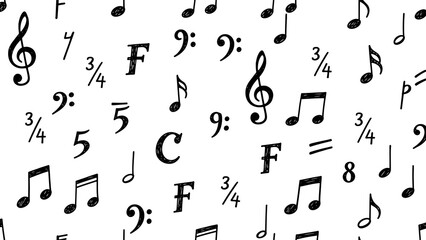 Seamless pattern of black musical notes on white background