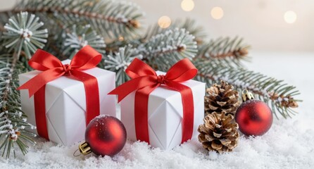 Christmas Gifts with Pine Branches and Ornaments on Snow