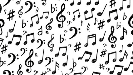 Musical notation symbols scattered on textured white paper