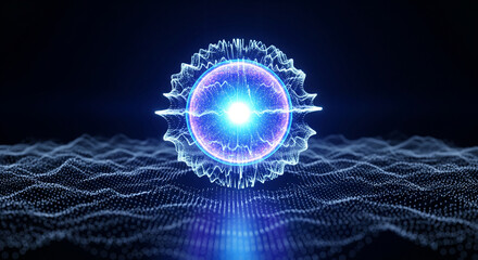 Glowing blue digital orb with dynamic waveform pulse