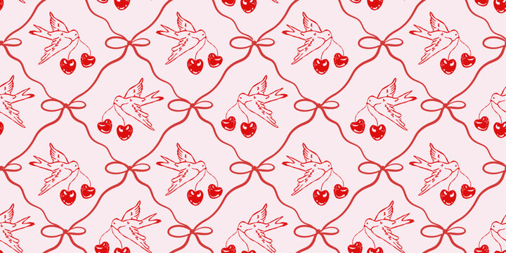 Flying doves holding cherries in their beaks. Seamless red line pattern with ribbon lattice on soft pink background. Cute romantic design for Valentine wrapping paper, textile and wallpaper