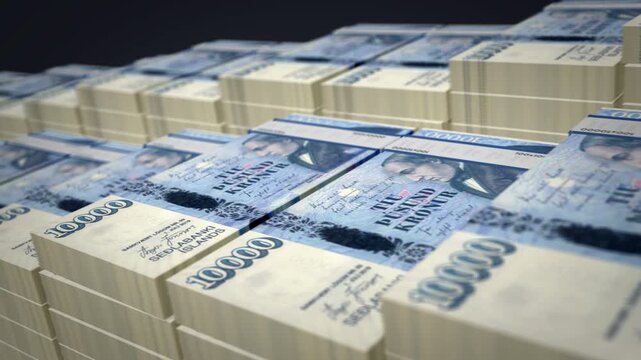 Iceland krona Icelandic money banknote bundle growth up loop. 10000 ISK stacks. Concept of cash pack, banking, travel, business, economy and finance 3d loopable seamless.