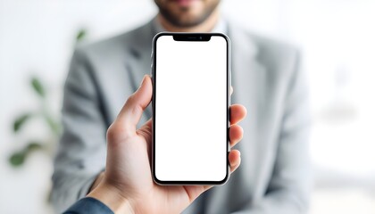 Hand holding smartphone with empty screen representing app design mobile interface testing and digital product presentation.