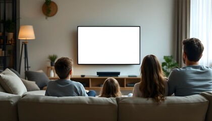 Family watching a blank white screen television in living room representing entertainment, movie, leisure time and home lifestyle.