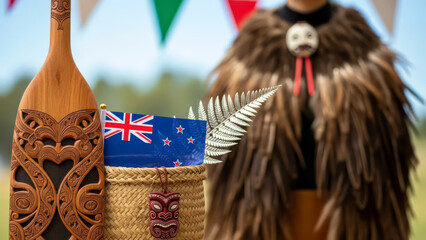 Waitangi Day concept with New Zealand flag, Maori carved paddle, fern and person in traditional feather cloak background.