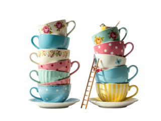 Colorfully Stacked Tea Cups Delightfully Displayed with Bird and Ladder Enhance the Whimsical and Playful Composition