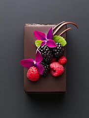Gourmet Chocolate Dessert with Berries and Flowers