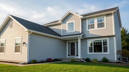 A beautiful two-story suburban home with light gray siding and a dark roof