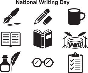 Icons representing national writing day with items like fountain pen, open book, eyeglasses, and drum set