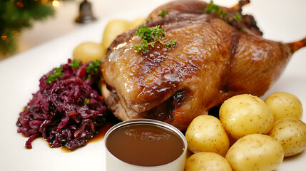 Aromatic roasted duck, savory potatoes, and braised red cabbage create an elegant holiday feast. Rich flavors, textures, and a simple sauce make this dish unforgettable.