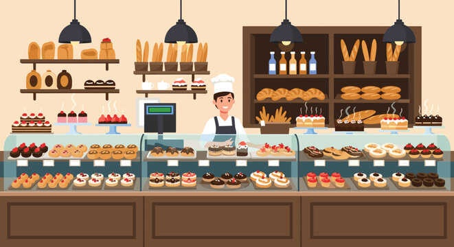 A cheerful baker smiles from behind a glass counter filled with a variety of delicious pastries, cakes, and fresh bread in a bright bakery.