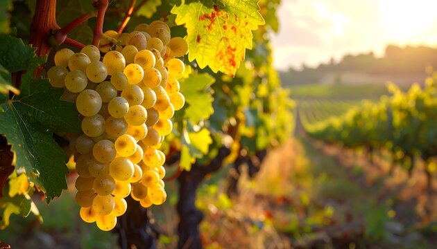 Close-up of ripe grapes illuminated by golden sunlight against a backdrop of rolling vineyards and sun-kissed hills - Powered by Adobe