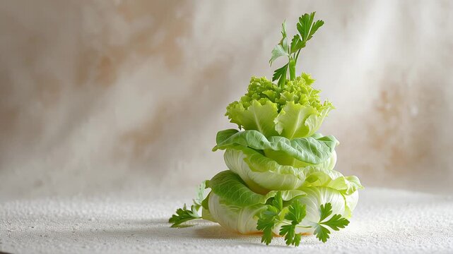 Creative vegetable art: fresh stack of cabbage, lettuce, and parsley on neutral background