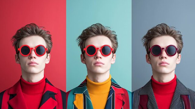 Trendy fashion trio: young man in bold outfits and round sunglasses against colorful backgrounds
