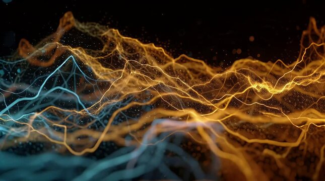 Dynamic abstract energy flow visualization featuring contrasting blue and orange light trails against a dark background representing conflict duality innovation or technological advancement