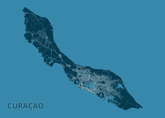 Map of Cura&ccedil;ao Island. The island is rendered in a dark teal color, with roads and urban areas depicted in a lighter shade of teal, creating a contrast that highlights the island's infrastructure.