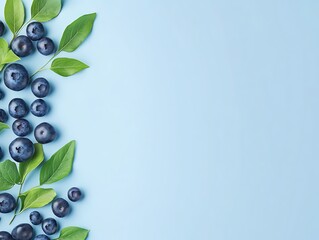 Blueberries and Green Leaves on Light Blue Background