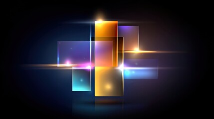 Obraz premium Colorful abstract shapes with glowing edges, illuminated squares and rectangles on dark background, modern design concept for digital art and creative projects