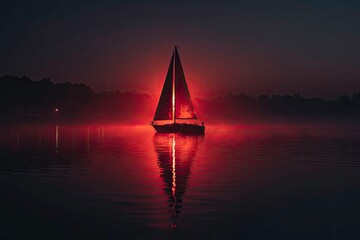 Sailboat silhouette on lake at dusk with beautiful golden light.