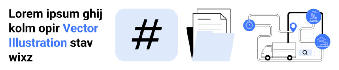 Fototapeta premium metadata tag symbol, document folder, and logistics map with connected nodes and delivery truck. Ideal for logistics, document organization, networking, analytics, file sharing, supply chain simple