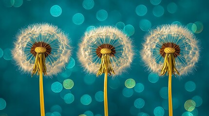 Three Dandelions, Seed Heads, Teal Bokeh Background