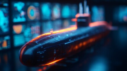 Holographic 3D submarine model on a laboratory table. glowing blue sonar data and aquatic tactical maps. dark metallic research room. naval engineering and underwater defense technology.