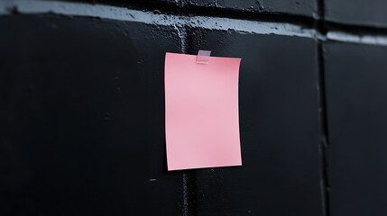 A pink sticky note is affixed to a dark, glossy wall with tape. The simplicity of the scene draws attention to the contrast between the note's color and the wall's surface.