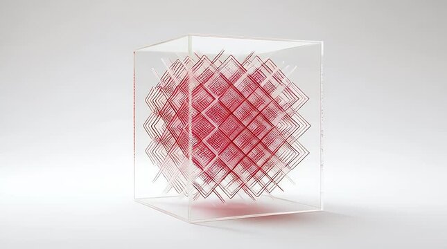 Abstract red wireframe cube illustration representing complex data structures interconnected networks and digital innovation within a transparent glass container