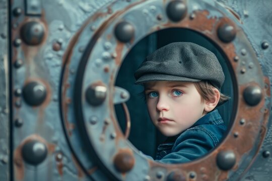 Portrait of young mechanic wearing cap and denim jacket peeking through rusty porthole of steam train engine