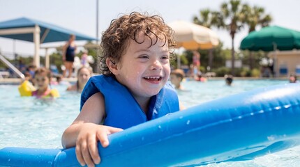 Happy young boy with curly wet hair wearing a blue life vest and holding an inflatable toy at a swimming pool. Summer vacation concept.