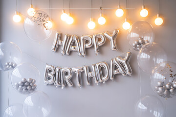 Silver balloons spelling happy birthday with clear balloons and string lights