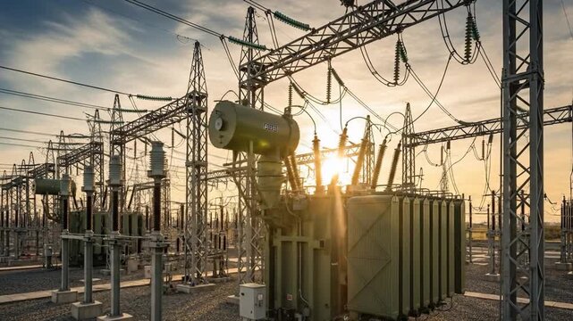 High voltage substation with heavy industrial transformers and powerlines.