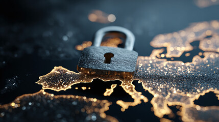 Securing global networks with a digital lock. The padlock rests on a map of Europe, lit by city lights. Protecting international infrastructure.